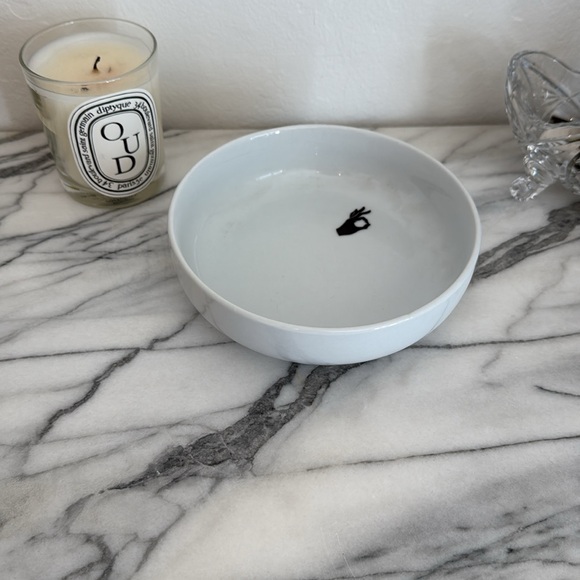 CB2 White Ceramic Bowl “OK” with Black Hand Design - Picture 1 of 10